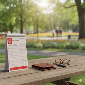 May include: A notepad with the text "Squizreds" and a red logo, a brown leather wallet, a pair of glasses, and a pen rest on a wooden table. The background is a park with trees and flowers.