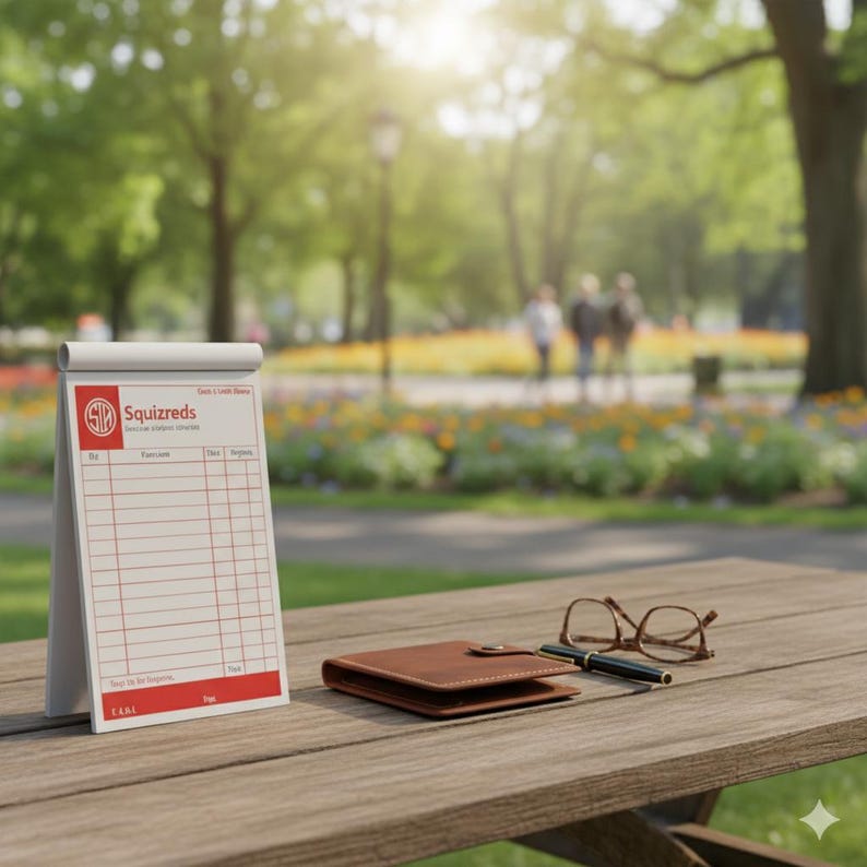 May include: A notepad with the text "Squizreds" and a red logo, a brown leather wallet, a pair of glasses, and a pen rest on a wooden table. The background is a park with trees and flowers.