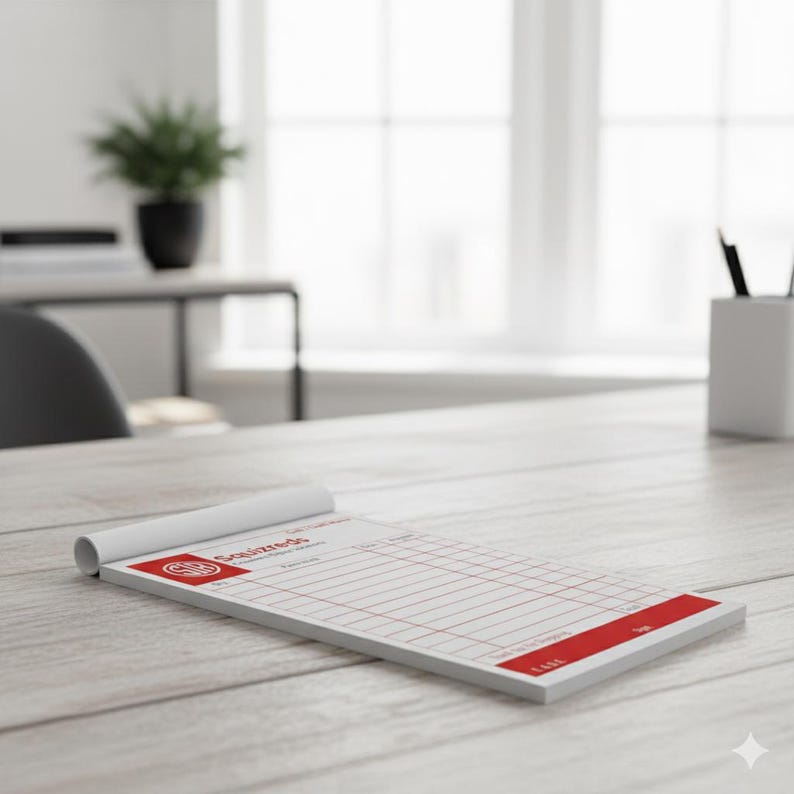 May include: A white notepad with red grid lines and a red logo in the upper left corner. The notepad is lying on a light wood surface. The notepad has a rolled top and is designed for writing.