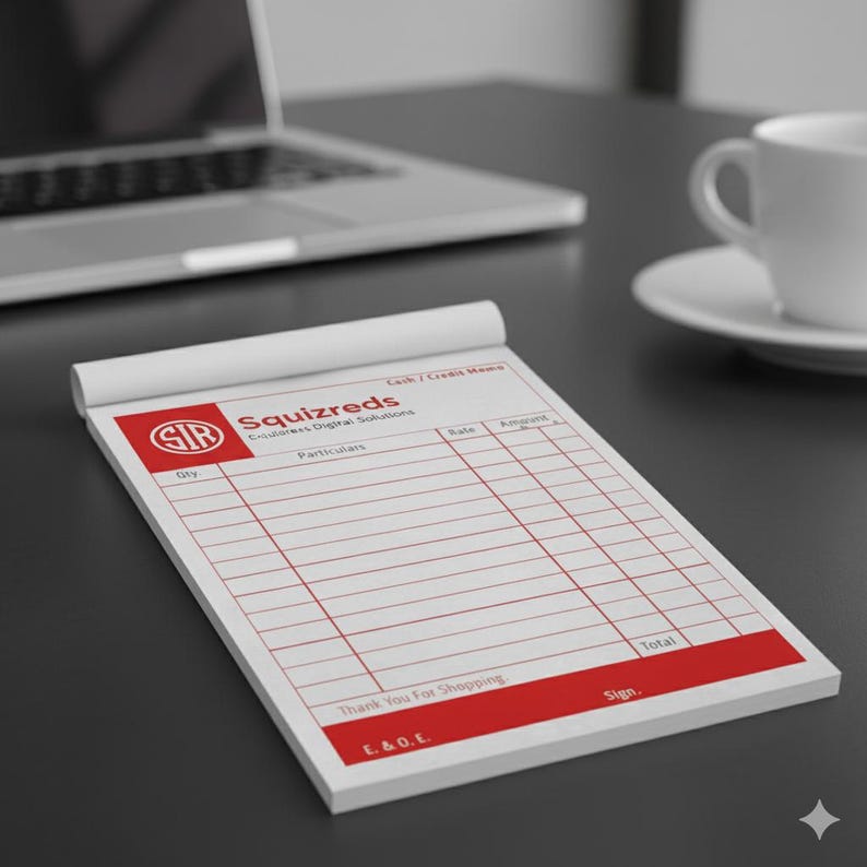 May include: A white notepad with red accents and the text "Squizreds" and "Thank You For Shopping". The notepad is on a dark surface, with a laptop and a coffee cup in the background.