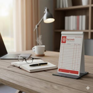 May include: A desk scene with a notepad, pen, and glasses. A notepad with the text "Squizreds" is on a stand. A cup of coffee and a desk lamp are also visible. The desk is made of wood.