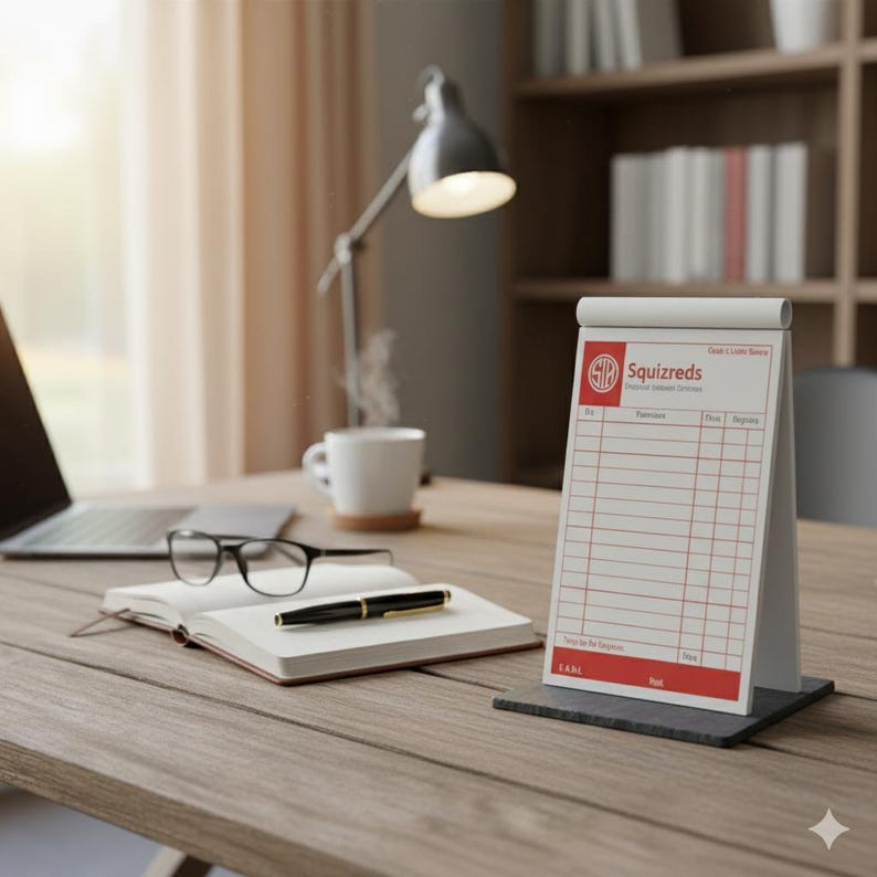 May include: A desk scene with a notepad, pen, and glasses. A notepad with the text "Squizreds" is on a stand. A cup of coffee and a desk lamp are also visible. The desk is made of wood.