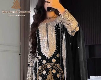Faux Georgette Embroidered Suit | Heavy Sequence Work Palazzo/Pant Set | Rivet Moti Top
