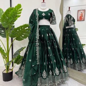 Green Embroidered Lehenga Choli with Dupatta | Indian Wedding Outfit | Sequin Work Semi Stitched Lehenga | Partywear & Bridesmaid Dress