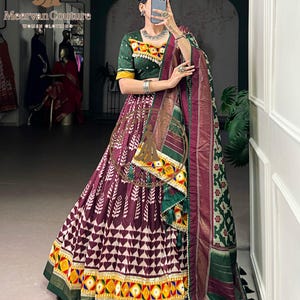 Foil Print Mirror Work Lehenga Choli with Dupatta | Tasar Silk Gamthi Kodi Lace Chaniya Choli | Wedding, Navratri, Festive Wear Outfit