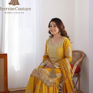 Pakistaanse chinon zijden geborduurde kostuumset, Coding Dori - pailletten, bruids mehndi & Haldi-jurk