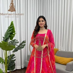 Bandhani Print Anarkali Dress Set: Georgette Gown, Dupatta & Pant