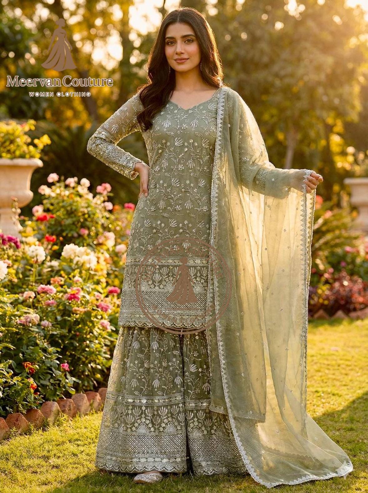 light green pakistani dress Lime Green Lehenga in Zardozi Embellished Gown in Raw Silk LARGE main image 1