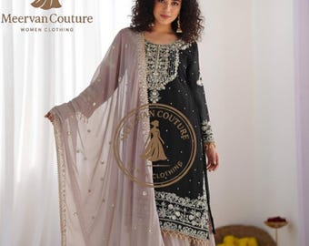Heavy Faux Georgette Palazzo Suit | Coding Dori Sequence Embroidered Suit | Rivet Moti