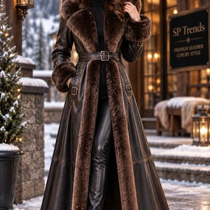 May include: A long dark brown leather coat featuring a large hood, thick faux fur trim along the front opening, cuffs, and hood edge. The coat includes a matching leather belt with a buckle at the waist and side buckle details. Text reads SP Trends.