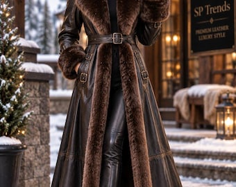 May include: A long dark brown leather coat featuring a large hood, thick faux fur trim along the front opening, cuffs, and hood edge. The coat includes a matching leather belt with a buckle at the waist and side buckle details. Text reads SP Trends.