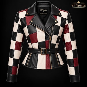 May include: A leather jacket featuring a checkered pattern in black, white, and dark red. The jacket has a notched collar, an asymmetrical gold-tone zipper closure, two zippered waist pockets, and a matching black belt with a gold-tone buckle.