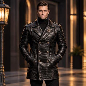 May include: A black double-breasted coat featuring a textured crocodile skin pattern, wide lapels, and metallic stud detailing along the edges. The garment includes gold-toned buttons and a prominent lion head emblem on the left lapel.