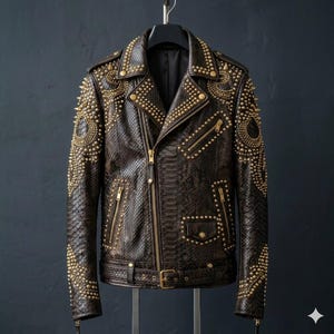 Può includere: Una giacca in pelle con texture effetto pelle di serpente marrone scuro, decorata con borchie metalliche dorate disposte in motivi circolari sulle spalle e sulle maniche. La giacca presenta revers, una cerniera frontale asimmetrica, diverse tasche con zip e una cintura con fibbia in vita.