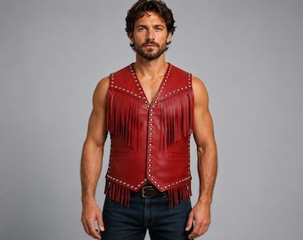 Men's Red Leather Fringe Vest, Studded Cowboy Western Vest, Biker Motorcycle Leather Waistcoat, Rodeo Ranch Outfit Gift