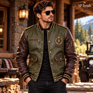 Men’s Olive Green Leather Bomber Jacket | Brown Sleeve Varsity Jacket