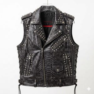 May include: A black sleeveless vest featuring a textured snakeskin pattern, silver-toned metal studs on the lapels and shoulders, multiple zippered pockets, a small flap pocket, and black lace-up side details with a front zipper closure.