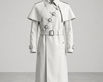 Men's White Leather Trench Coat with Cape , Luxury Belted Long Overcoat , Designer Gothic Winter Coat , Premium Handmade Jacket