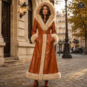 May include: A long, cognac-colored leather coat featuring a large, plush cream-colored faux fur hood, cuffs, and hem trim. The coat includes a matching leather belt with a rectangular buckle at the waist. The text SP TRENDS appears in the top right corner.
