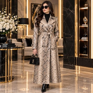 Peut inclure: Un long trench-coat croisé à motif peau de serpent marron et noir, doté d'un col à revers, de manches longues avec poignets boutonnés et d'une ceinture à nouer assortie à la taille. Le manteau est porté sur un col roulé noir avec des bottes noires.