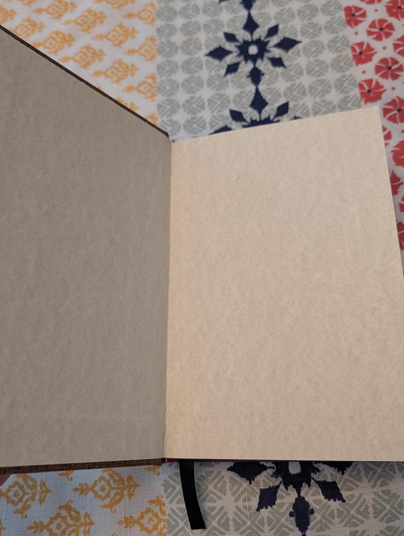 Pu&ograve; includere: Un diario aperto, rilegato in pelle marrone, con pagine bianche color crema. Il diario &egrave; aperto su una superficie a fantasia con un segnalibro a nastro nero. Le pagine sono pronte per scrivere o disegnare.