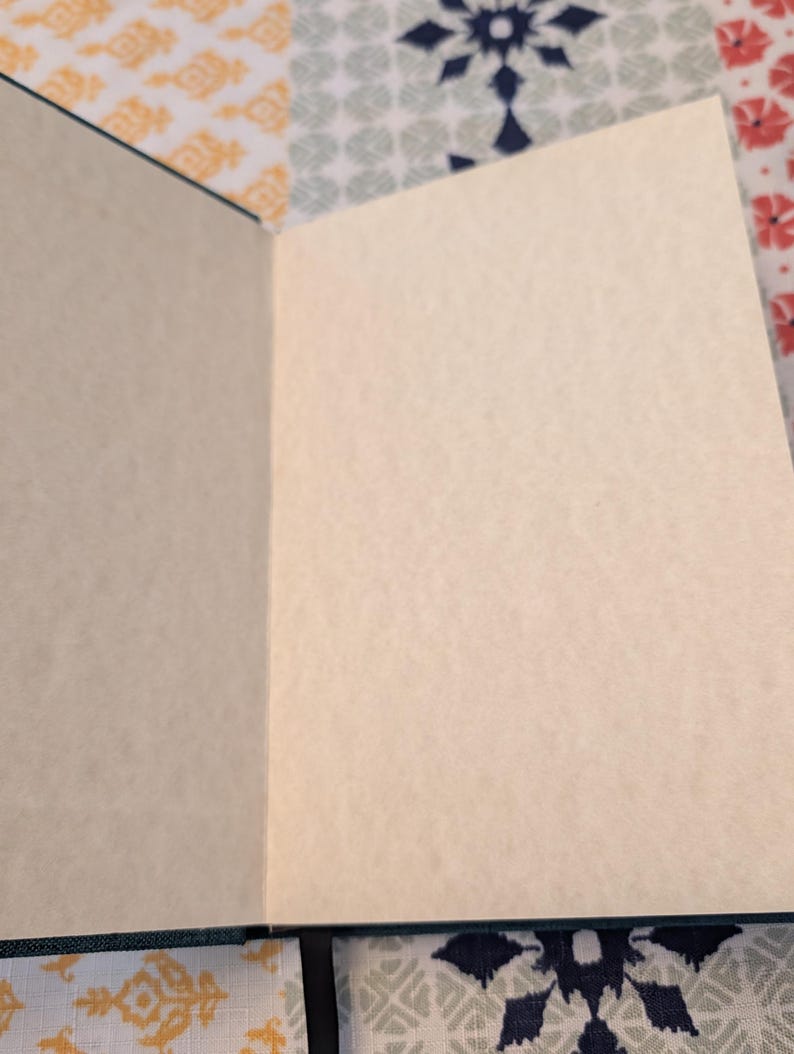 Pu&ograve; includere: Un taccuino aperto con pagine color crema. La copertina del taccuino &egrave; di colore verde scuro. Le pagine sono bianche, pronte per scrivere o disegnare. Il taccuino &egrave; su una superficie a motivi floreali e geometrici.
