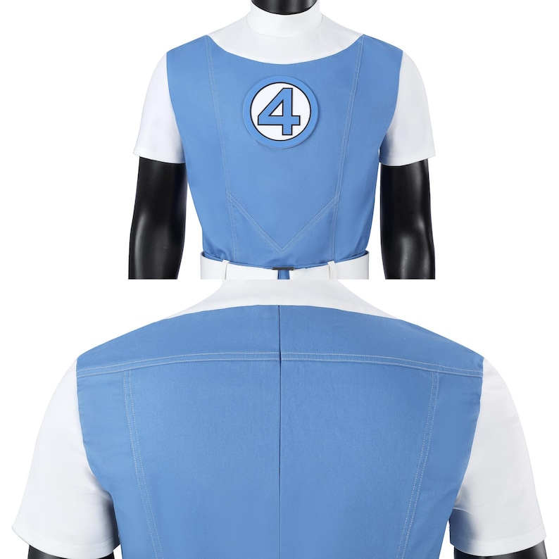 May include: A light blue vest with a white high-neck shirt underneath. The vest features a circular emblem on the chest displaying the number 4 in a light blue font. The garment includes visible stitching details and a white belt at the waist.
