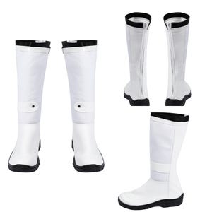 May include: A pair of white knee-high boots featuring a black trim at the top, a horizontal strap with a silver-toned snap button across the mid-calf, and a black sole. The boots are shown from the front, the back with a vertical zipper, and the side.