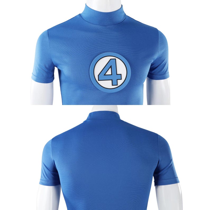 May include: A short-sleeved blue mock neck shirt featuring a circular emblem on the chest. The emblem consists of a light blue number 4 centered within a white circle, surrounded by a thick blue border. The back of the shirt is plain blue.