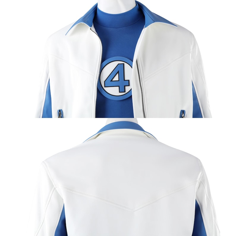 May include: A white jacket with blue side panels and a collar, worn over a blue mock neck shirt featuring a circular emblem with the number 4 in blue and white. The jacket has a front zipper closure and visible stitching details on the back panel.