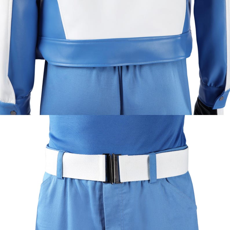 May include: A two-part image showing a blue and white jacket with long sleeves and a blue shirt paired with a white belt featuring a black rectangular buckle. The jacket has a smooth finish, while the belt has a textured, woven appearance.