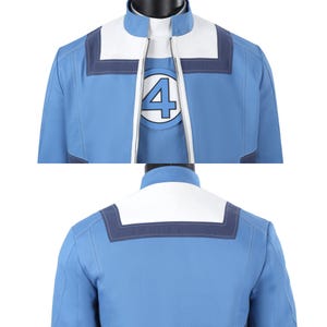 May include: A light blue jacket featuring a white collar panel with dark blue trim and a central zipper. The chest displays a circular emblem with a blue number 4 on a white background. The back view shows a solid light blue design with a white panel.