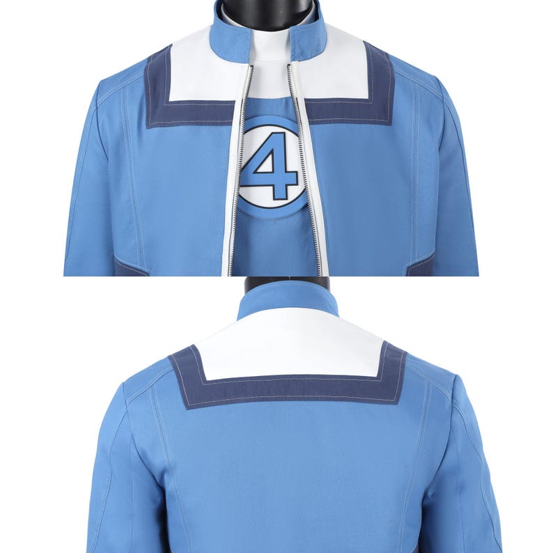 May include: A light blue jacket featuring a white collar panel with dark blue trim and a central zipper. The chest displays a circular emblem with a blue number 4 on a white background. The back view shows a solid light blue design with a white panel.