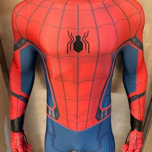 May include: A red and blue Spider-Man costume with a black spider emblem on the chest. The costume features a web pattern on the red areas and blue sections on the arms and legs. The gloves and mask are also red.