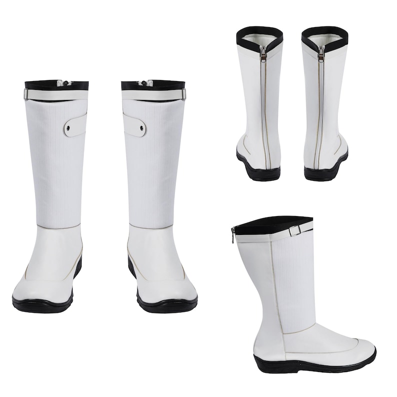 May include: A pair of white knee-high boots featuring a black trim at the top, a black sole, and a side strap with a metal buckle. The boots include a vertical zipper closure along the back, visible in the rear and side profile views provided.