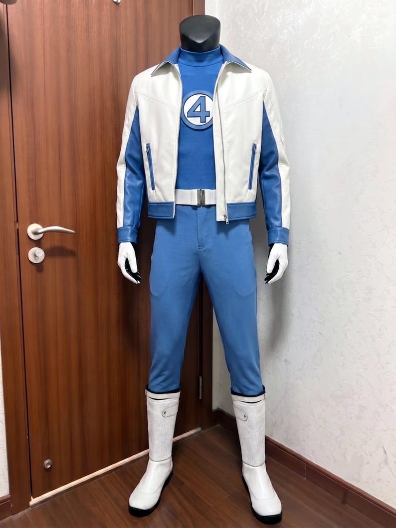 May include: A blue jumpsuit with a mock neck and a circular emblem featuring the number 4 on the chest. It is worn with a white and blue jacket, a white belt, white gloves, and white boots. The outfit is displayed on a mannequin.