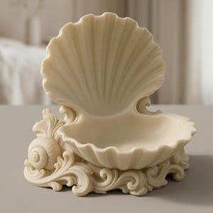 Könnte beinhalten: Eine cremefarbene, muschelförmige Dekoschale. Die Schale hat ein großes, offenes Muscheldesign mit einer detaillierten, strukturierten Oberfläche. Der Sockel ist mit verzierten, wirbelnden Mustern und einem Muschelakzent verziert. Ideal für kleine Gegenstände.