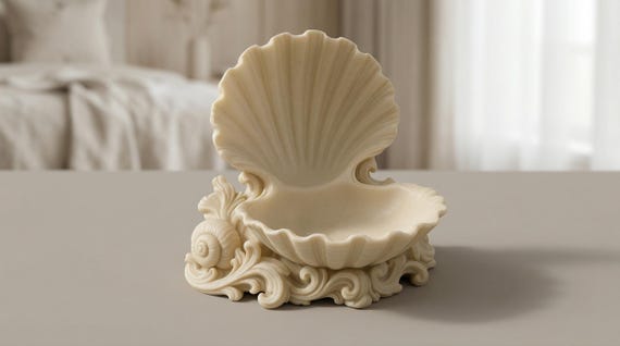 Scallop Shell Jewelry Dish - Trinket Tray - Mermaidcore Ring Holder - Coastal Decor - Ornate Seashell Vanity Organizer