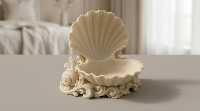 Puede incluir: Un plato decorativo en forma de concha de color crema. El plato presenta un dise&ntilde;o de concha grande y abierta con una superficie texturizada y detallada. La base est&aacute; adornada con patrones ornamentados y un acento de concha. Ideal para objetos peque&ntilde;os.