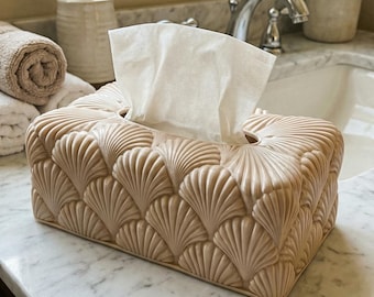 Archivo STL de cubierta de caja de pañuelos con forma de concha de vieira - Decoración de baño de inspiración art déco - Porta pañuelos bohemio costero - Descarga digital