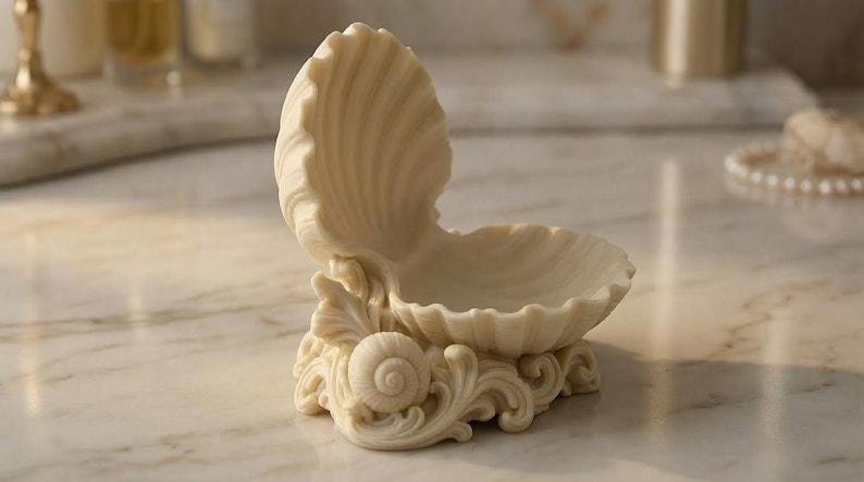 Puede incluir: Un plato decorativo en forma de concha de color crema. El plato est&aacute; abierto, revelando un peque&ntilde;o cuenco. La base presenta adornos y una concha. El plato est&aacute; hecho de un material liso, posiblemente cer&aacute;mico.