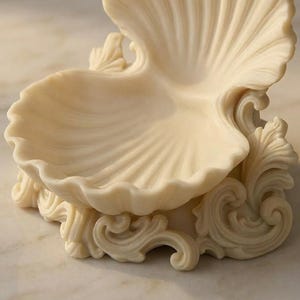 Puede incluir: Plato decorativo en forma de concha de color marfil. El plato tiene una superficie detallada y acanalada y se asienta sobre una base ornamental y arremolinada. El dise&ntilde;o recuerda al arte cl&aacute;sico y es adecuado para guardar objetos peque&ntilde;os.
