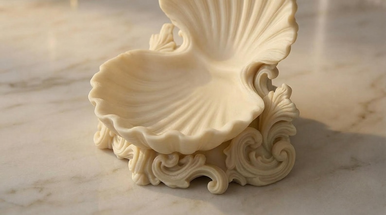 Puede incluir: Plato decorativo en forma de concha de color marfil. El plato tiene una superficie detallada y acanalada y se asienta sobre una base ornamental y arremolinada. El dise&ntilde;o recuerda al arte cl&aacute;sico y es adecuado para guardar objetos peque&ntilde;os.