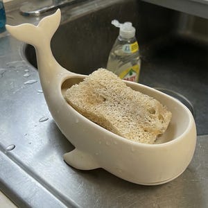 May include: A cream-colored whale-shaped sponge holder with a natural sponge inside. The holder has a tail and a basin to hold the sponge. The holder is sitting in a stainless steel sink.