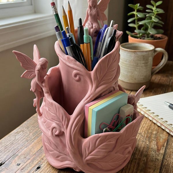 Fairy Desk Organiseren STL 3D-afdrukbare gebeeldhouwde grillige pennenhouder Kantoordecor