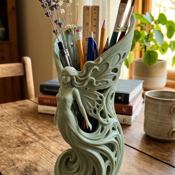 Jugendstil Feen Göttin Bleistift Halter STL 3D Printable Skurril Schreibtisch Organizer Büro Dekor