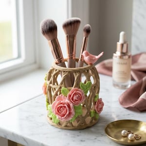 May include: A cylindrical beige brush holder with a lattice design, decorated with sculpted pink roses, green leaves, and a small pink bird perched on the rim. Three makeup brushes with rose gold ferrules are placed inside the holder.