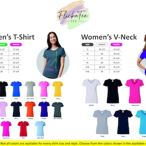 May include: Image showcasing Women's T-shirts and V-necks in various colors. Size charts display measurements in inches. Models demonstrate fit. A variety of colors are available, including white, black, and blue.