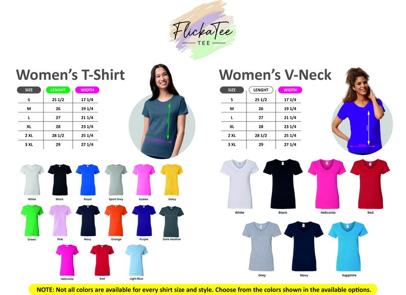May include: Image showcasing Women's T-shirts and V-necks in various colors. Size charts display measurements in inches. Models demonstrate fit. A variety of colors are available, including white, black, and blue.
