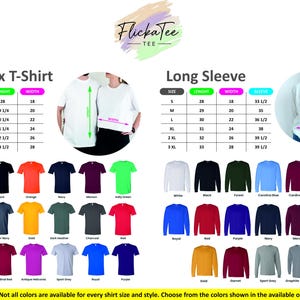 May include: Image showcasing a variety of t-shirts and long-sleeve shirts in various colors. The image includes size charts for both styles, with measurements in inches. A logo is at the top.